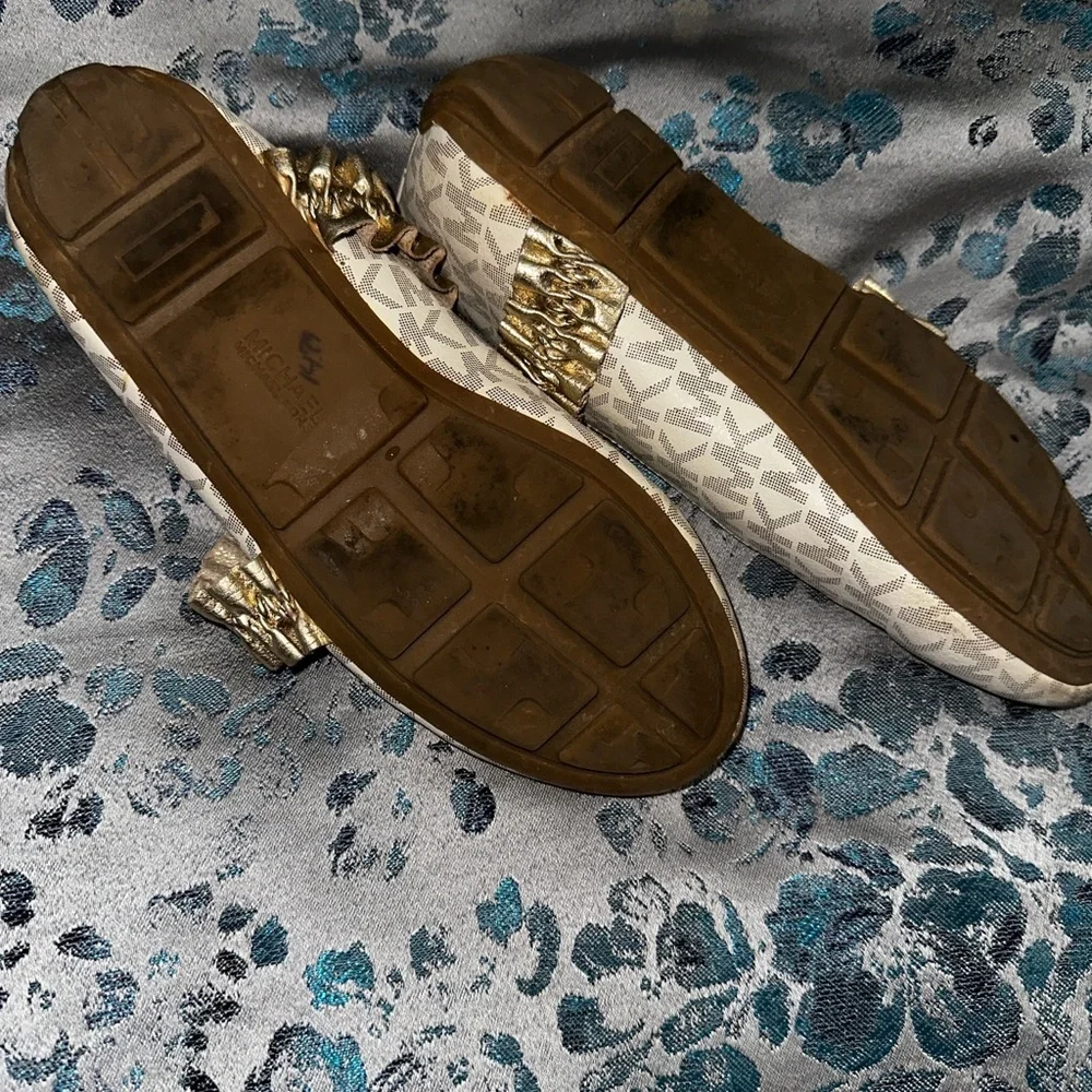 Michael Kors Girls Beige Logo Ballet Flats with Gold Strap